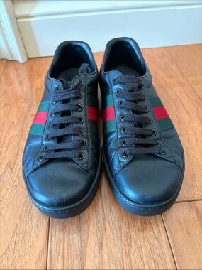 Gucci Black Leather Sneakers with Green and Red Web Stripe